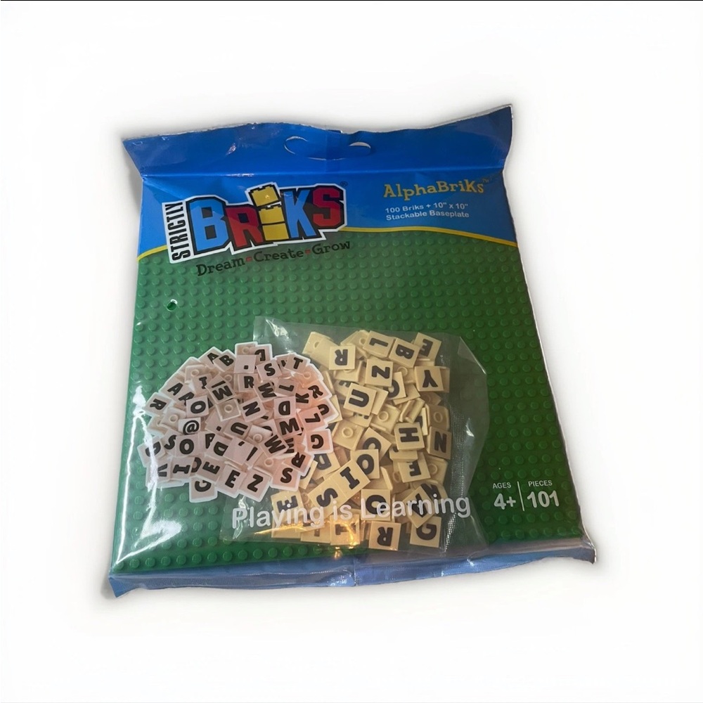 Strictly Briks AlphaBriks Set 100 piece spelling educational toy 10x10” board